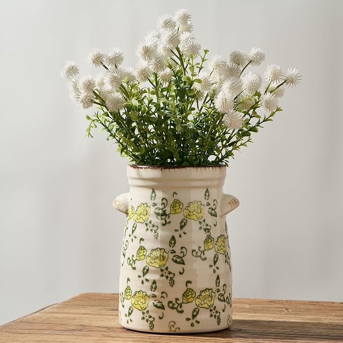 SIDUCAL Ceramic Rustic Vase with 2-Ear, 7.6 Inch Ice Cracked Vintage Pastoral Vase, Rustic Farmhouse Vases for Home Decor, Table, Living Room, Shelf Decor, Chinoiserie Decor, Yellow Rose Pattern