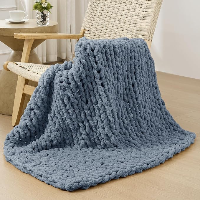 Bigacogo Chunky Knit Throw Blanket for Couch, 40x40 inches, Cold Sea Blue | Hand Knit with Jumbo Chenille, Soft Breathable Cable Knit for Sofa Bed Living Room, Machine Washable, Gift for Mom Friend