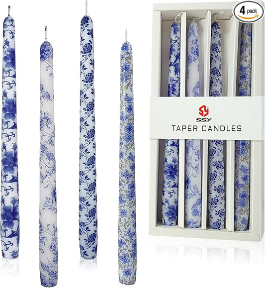 10 inche Floral Candle Sticks Printed Candlestick 4 Pack Blue and White Porcelain Unscented Taper Candle Long Blue Flower Tapered Candles for Home Dinner Wedding Holiday