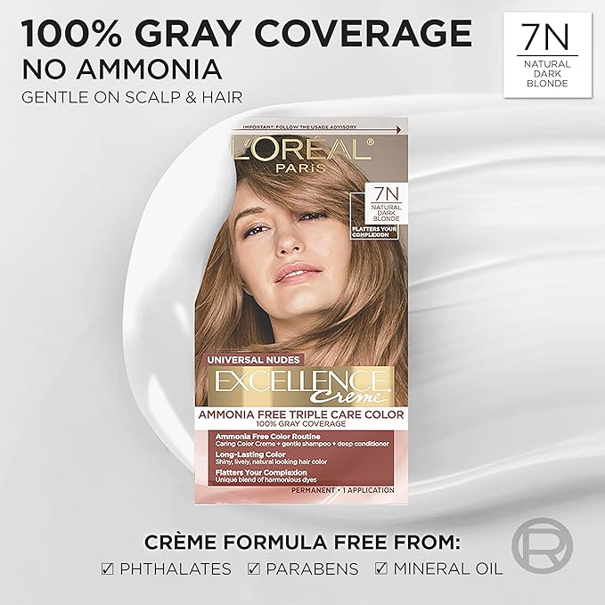 L’Oreal Paris Excellence Universal Nudes Permanent Hair Color, Ammonia Free Hair Dye for Gray Hair Coverage, 7N Natural Dark Blonde, 1 Kit (Pack of 2)