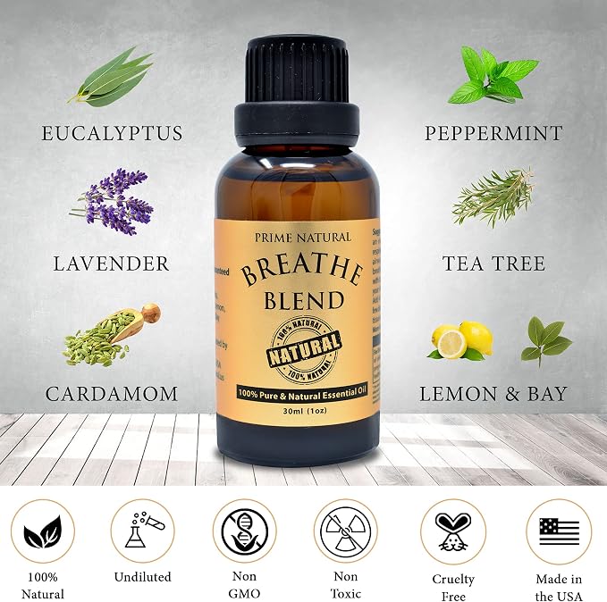 Prime Natural Breathe Essential Oil Blend 1oz - Pure, Undiluted, Therapeutic Grade for Aromatherapy, Scents & Diffuser - Sinus Relief, Allergy, Congestion, Cold, Cough, Headache