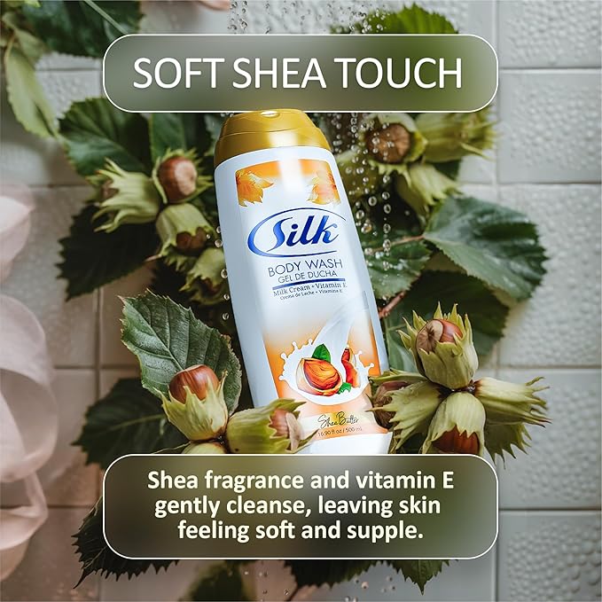 SILK Moisturizing Body Wash for Woman & Man - Daily Hydrating Shower Gel and Foaming Cleanser with Vitamin E and Glycerin, Rich Lather for Dry Skin Care, Shea Butter Scent, 16.9 Fl Oz