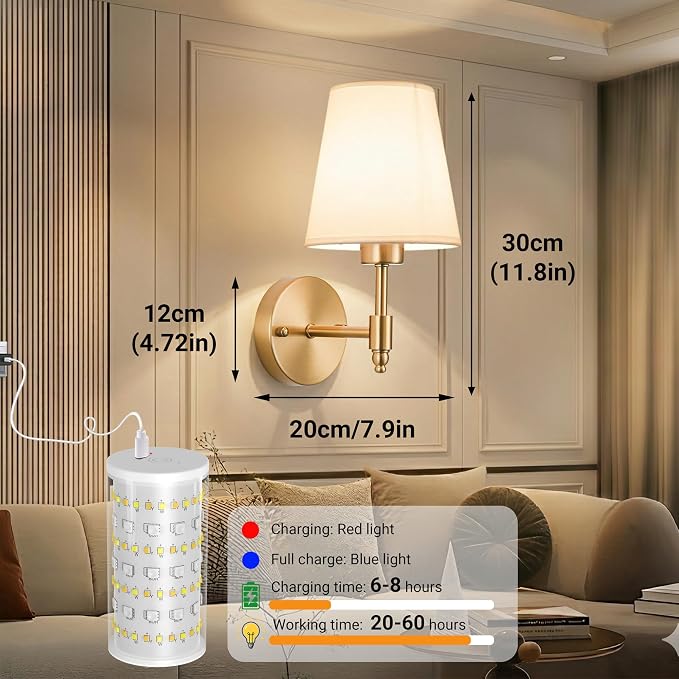 Nekhung Battery Operated Wall Sconce, Peel and Stick Sconces Set of 2 | Wireless Adhesive Stick On Wall Sconce, 10000mAh Rechargeable RGB Bulb with Remote, No Drill Wall Light for Bedroom Decor