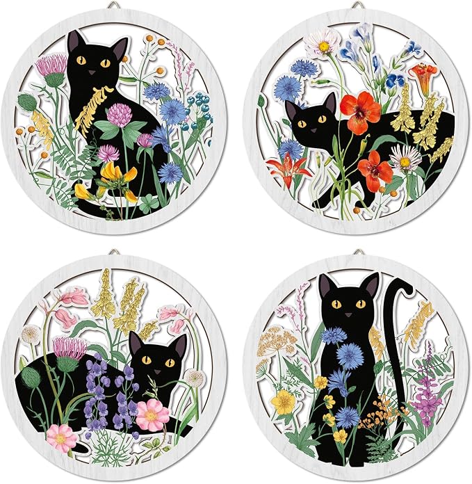 Funny Black Cat Wall Decor,Farmhouse Floral Wooden Signs,4 Pieces 10''x10'' Colorful Botanical Kitten Wall Art,Plant Cat Wood Plaque Home Decor for Pet Shop,Nursery,Lovely Cat Gifts