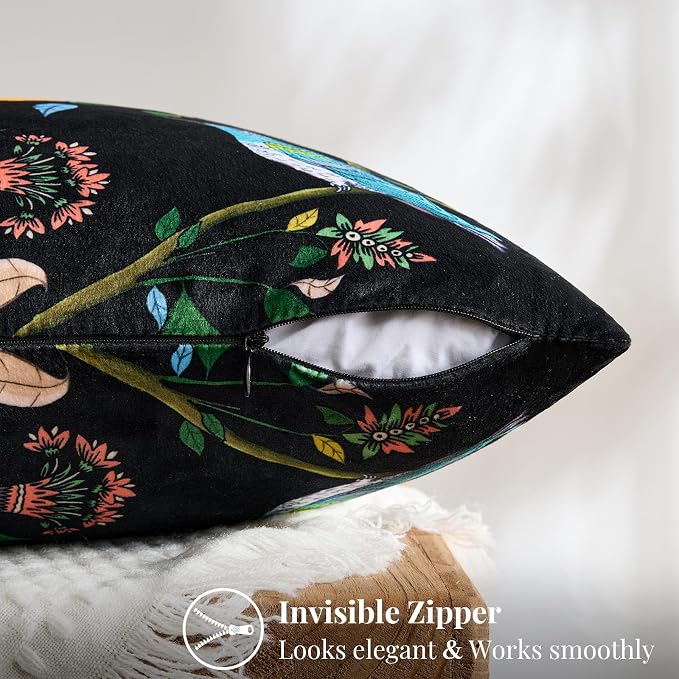 MUSSEL Black Velvet Floral Decorative 20x20 Pillow Covers Set of 2 | Durable Sturdy,Botanical Printed Pattern,Throw Pillows Case,Square,Colorful Mid Century Cushion Covers,Sofa Couch Decor