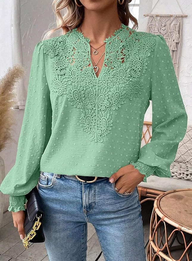 Womens Tops Swiss Dot Boho Long Sleeve Shirts V Neck Casual Chiffon Blouses Flowy Lace Hem Cute Clothing Trendy 2026