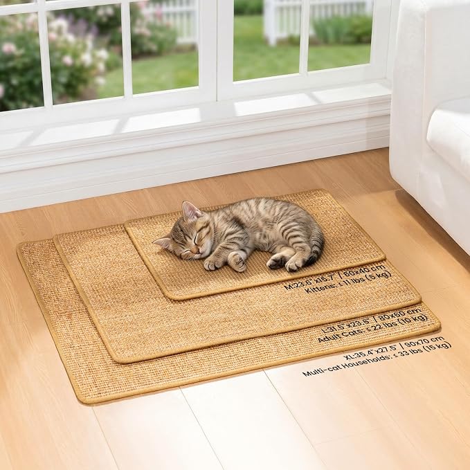 Conlun Cat Scratching Pad, 27.5x35.4in Sisal Mat Couch Protector | Indoor Cat Scratcher Mat, Mess-free, Anti-slip Backing, Hook&Loop Tape for Furniture Door Wall, Brown