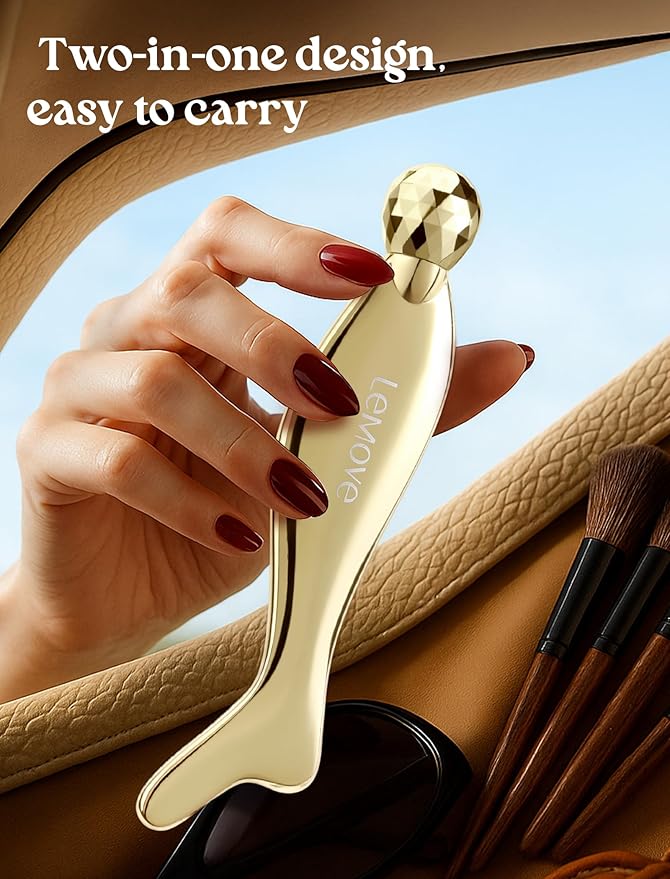 Lemove 4-in-1 Gua Sha Facial Tools, Facial Roller, Skin Care Roller with Stainless Steel, Face Ice Roller to Reduce Puffiness & Eye Strain, Relieved Facial Tension, Gift for Women and Men-Gold