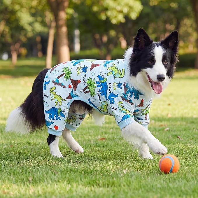 XPUDAC 2 Pack Dog Pajamas for Medium Large Sized Dog, Soft Warm Dog Onesie Stretch Lightweight Pet Outfit Jammies Pet Clothes Boy Dinosaur Print, 4XL