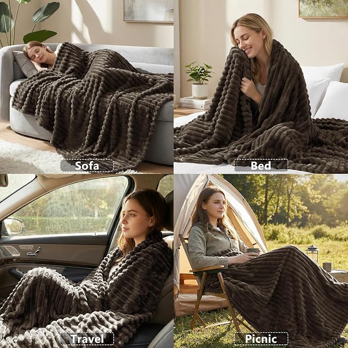 HIMEET Brown Throw Blanket for Couch, 300GSM Ribbed Fleece, 50 x 60 Inches | Ultra Soft Flannel, All-Season Lightweight Warmth, Home Room Decor & Dorm Essential, Gift for Men & Women, Machine Washable