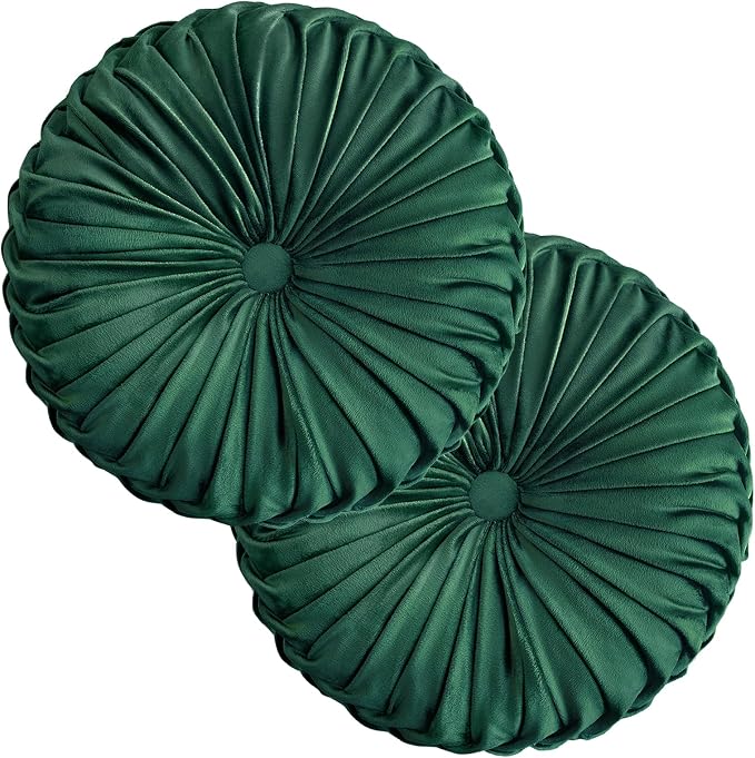 Teieas 2 Pcs Round Throw Pillows Decorative Velvet Pleated Bed Pillows | Vintage floor pillows,back support for couch,chair,dorm,car,sofa,home decor emerald 14.96 in