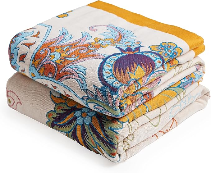 VANJOROY Boho Throw Blanket, 100% Organic Cotton Breathable Skin-Friendly Ultra Soft Bed Quilt Throw - All Season Floral Bird Farmhouse Décor Luxury Blanket for Sofa Couch Chair and Gift. 50" x 60"