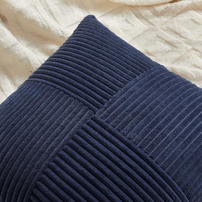 Fancy Homi Navy Blue Lumbar Decorative Throw Pillow Covers 16x32 Inch for Living Room Couch, Rustic Farmhouse Boho Home Decor, Soft Striped Corduroy Rectangle Accent Cushion Case 40x80 cm
