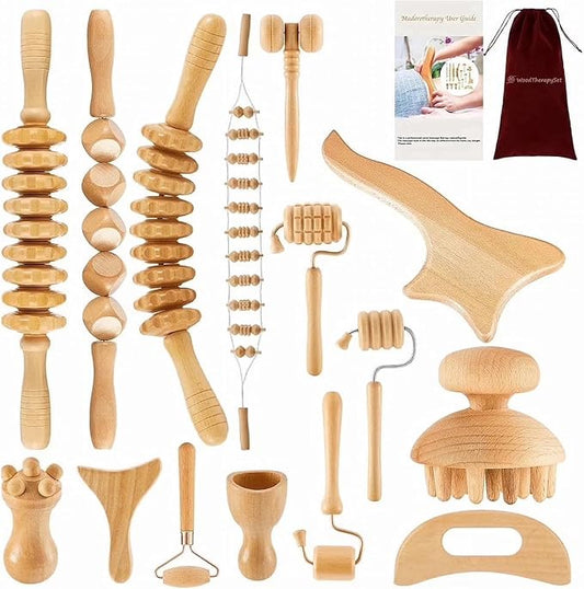 15Pcs Wood Therapy Massage Tools Set for Body Sculpting, Wooden Rollers, Gua Sha & Facial Rollers for Lymphatic Drainage, Home Spa Routines, Face, Neck, Waist, Abdomen, Hips and Legs