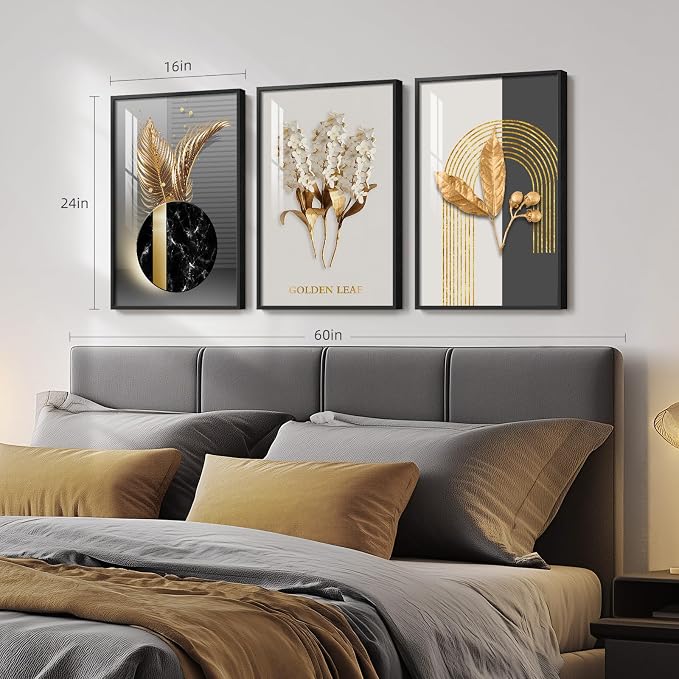 Framed Black and White Modern Luxury Wall Art, 3 Pieces Large Contemporary Prints Paintings Artwork for Walls, Set of 3 Golden Leaf Pictures for Living Room, Hallway, Bedroom, Office Wall Decor 16x24 Inch