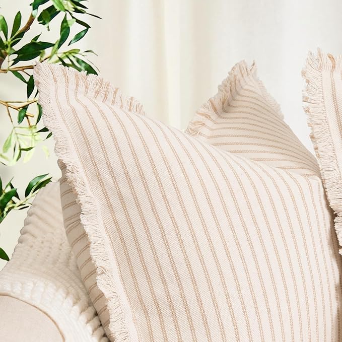 Throw Pillow Covers 22x22 Set of 2 Striped Pillow Covers with Fringe Chic Cotton Decorative Pillows Square Cushion Covers for Sofa Couch Bed Living Room Farmhouse Decor, (Khaki)