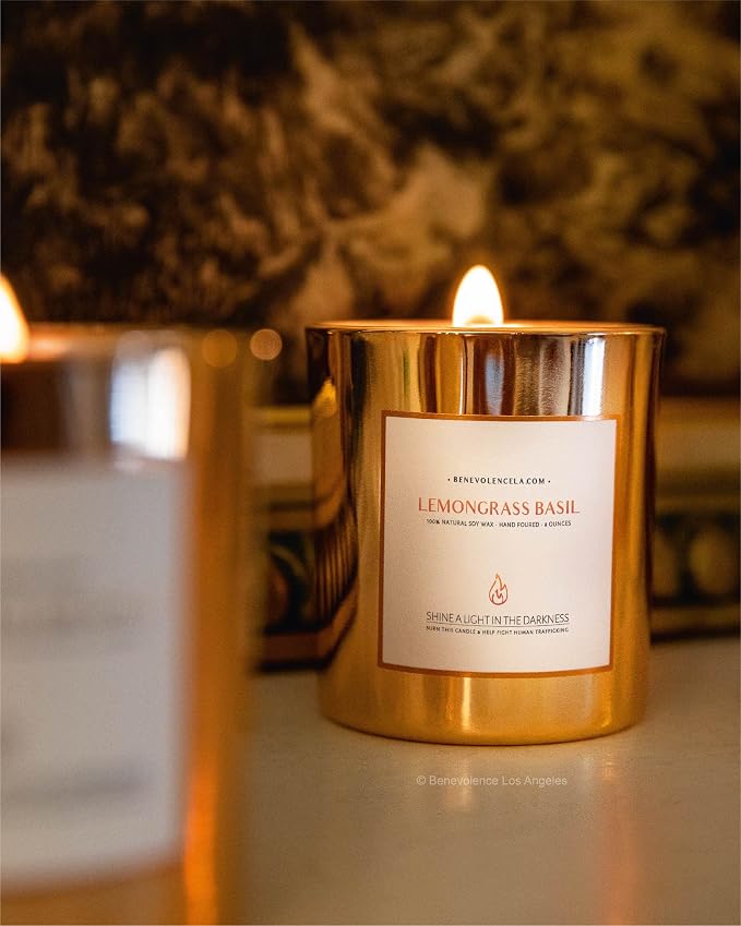 Benevolence LA Premium Lemongrass & Basil Scented Candle – Long-Lasting, 45-Hour Burn – Luxury Natural Soy Wood Wick Candle for Home – Aromatherapy & Room Decor – 8oz