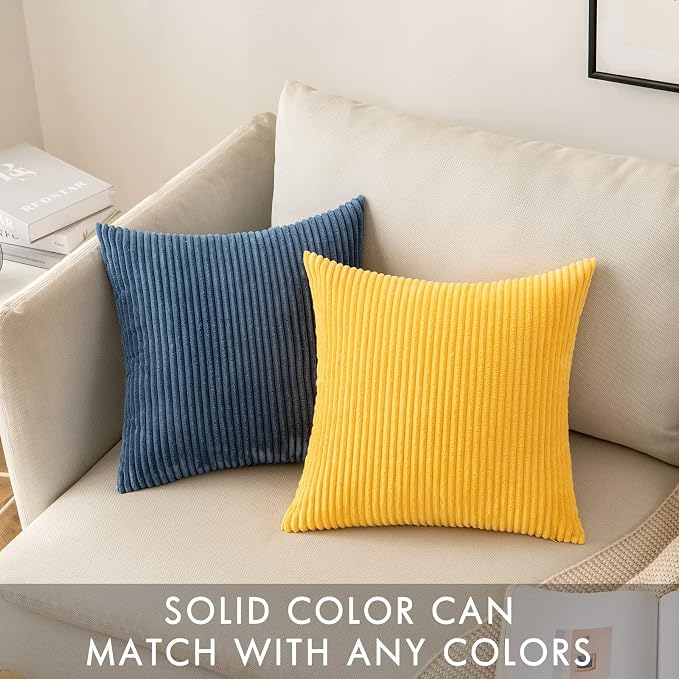MIULEE Fall Soft Corduroy Throw Pillow Covers Set of 2 18x18 Golden Yellow | Decorative Striped Textured Cushion Cases, Boho Energetic Vibe Pillowcases, Home Decor for Couch Chair Sofa Bed Living Room