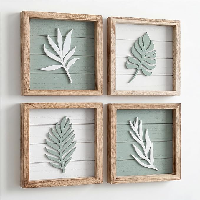 Tide and Tales 3d Sage Green Framed Wall Art, Set of 4, Bathroom Decor | 7" x 7", Lightweight Wood, Bathroom Wall Decor, Botanical Leaf Pictures for Bedroom, Office or Living Room, Hardware Included