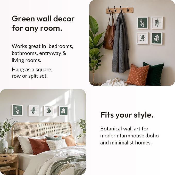 Tide and Tales 3D Green Botanical Wall Art, Framed Set of 4, Leaf Decor | 7x7 Inch, Lightweight, Wooden, Ready-to-Hang, Minimalist Boho Farmhouse Pictures for Bathroom, Bedroom, Living Room or Office