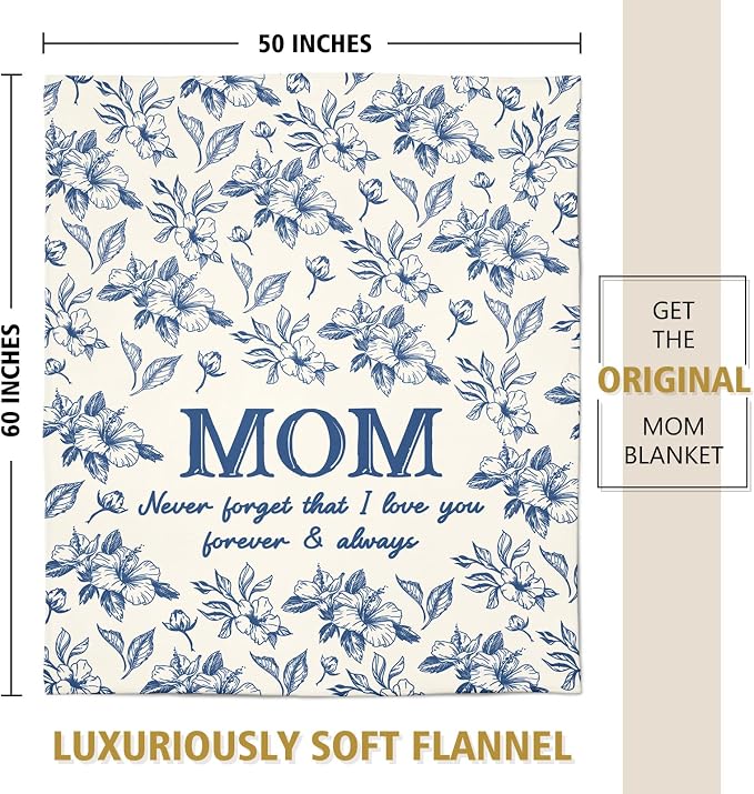 Gifts for Mom, Mom Birthday Gifts from Daughter Son, To My Mom Blanket | I Love You Mom Gifts for Birthday, Christmas, Mothers Day, Blanket for Mom with Hibiscus Flowers Print, 60" x 50", Blue