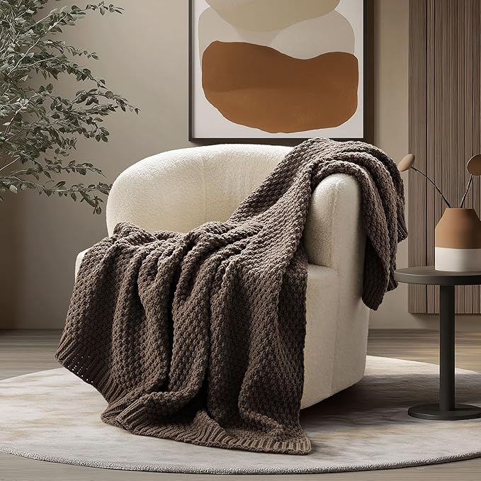 EVERGRACEHOME Chunky Chenille Knit Throw Blanket, 60 x 80, Cocoa Brown | Sculpted Moss Stitch, Chic Modern Farmhouse, All-Season Warmth, OEKO-TEX® Certified, Elegant Blanket for Couch, Bed, Sofa