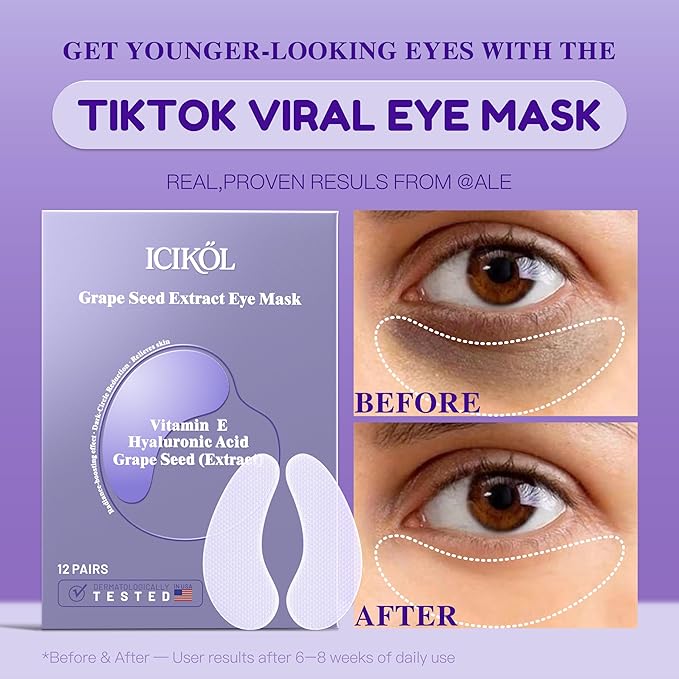 Instant tightener under eye patches with Grape Seed, Dark circles treatment eye patches with Women beauty, Puffy eyes treatment of under eye mask, 12 Pairs, Purple