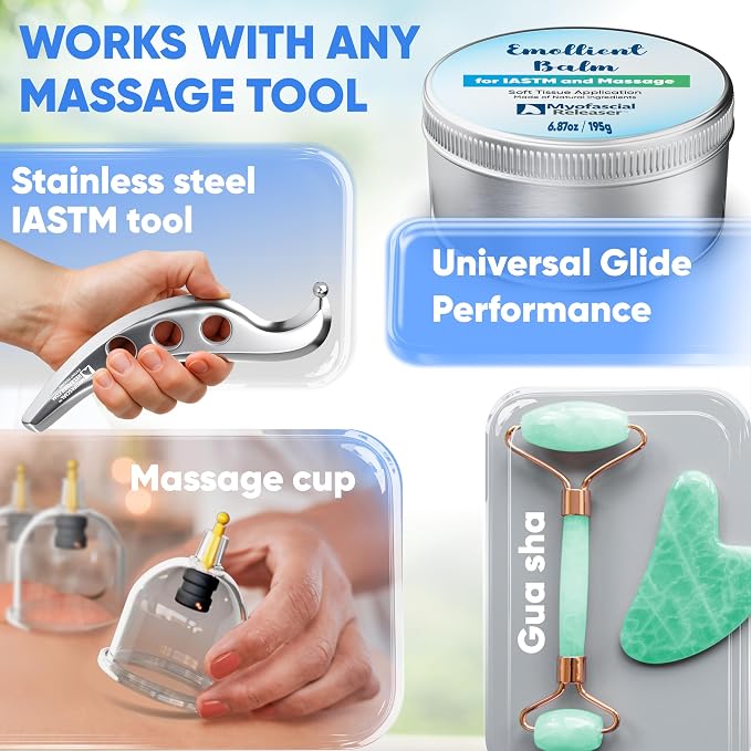Myofascial Releaser Emollient Balm for IASTM & Gua Sha – Non-Greasy Massage Balm for Tool Glide and Bodywork – Natural, Hypoallergenic, Unscented Massage Balm Alternative to Oil (195g)