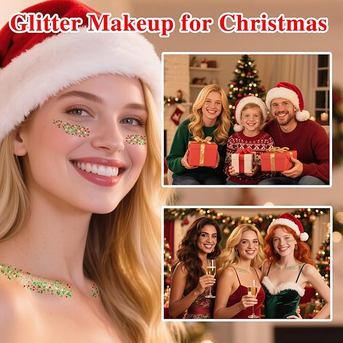 Christmas Hair Glitter Stick,Red and Green Silver Face Body Glitter for Kids,Waterproof Christmas Outfits for Women, Stocking Stuffers Sparkling Party Gift for Girls,Chunky Glitter Makeup