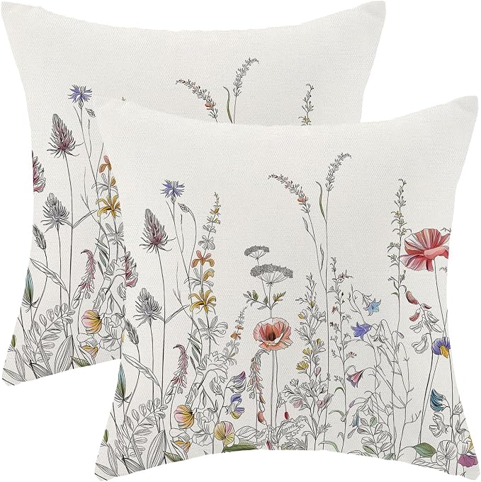 AEIOAE Spring Pillow Covers 18x18 Inch Set of 2, Black Wild Flower Throw Pillows Case,Colorful Seasonal Floral Plant Outdoor Decorative Farmhouse Decor Cushion Covers for Home Sofa Bed Couch