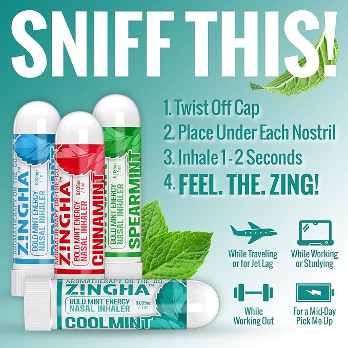 Z!NGHA Natural Aromatherapy Nasal Inhaler Stick for Sinus Relief, Focus & Stress Relief | Portable Dual-Hole Essential Oil Blend (4PK, Coolmint)