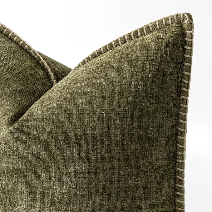 MIULEE Decorative Couch Throw Pillow Covers 16x16 Inch Olive Green 2 Pack | Farmhouse Pillow Covers with Stitched Edge, Soft Chenille Cushion Cases, for Sofa Bed Living Room Home Decor