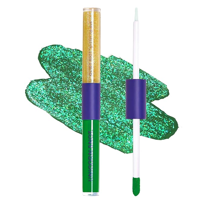 UNICORN SNOT Quiet Riot Glitter Lip Duo | 2-in-1 Set: Matte Lipstick & Plastic-Free Glitter | 0.15oz Green Lipstick & 0.16oz Gloss, Aura