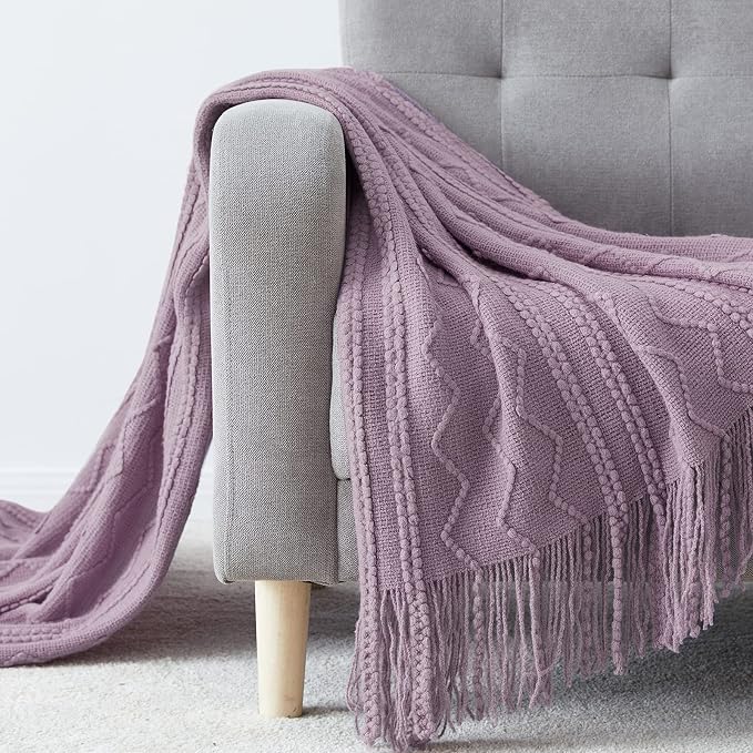 BOURINA Light Lavender Throw Blanket 50x60Inch Knit Soft Throw Sofa Blanket | Knitted Throw Blanket 50x60 Inches, Soft Lightweight Boho Weave Throw Decorative Couch Blanket for Living Room Bedroom Chair