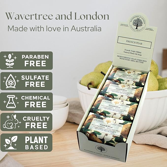 Wavertree & London French Pear Scented Natural Soap (8 Bars), 7oz Moisturizing French Triple Milled Soap Bars enriched with shea butter - Pure Plant Oil Bath & Body Bars for All Skin Types