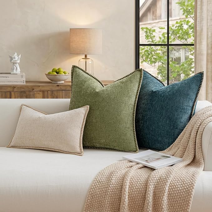 a moment Pack of 2 Decorative Chenille Throw Pillow Covers with Twill Cushion Covers for Sofa Living Room Couch Bed 20x20 Inch,Crafted Border Dark Teal
