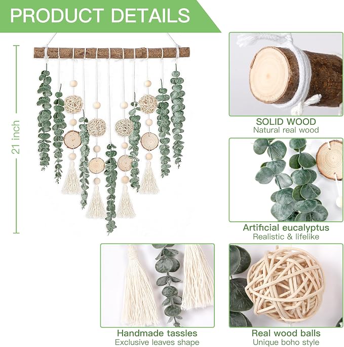 Sggvecsy 21’’ Eucalyptus Wall Hanging Decor Artificial Eucalyptus Plant Fake Greenery Leaves Boho Wall Decor with Wooden Stick for Bathroom Bedroom Kitchen Rustic Farmhouse Home Living Room Decoration