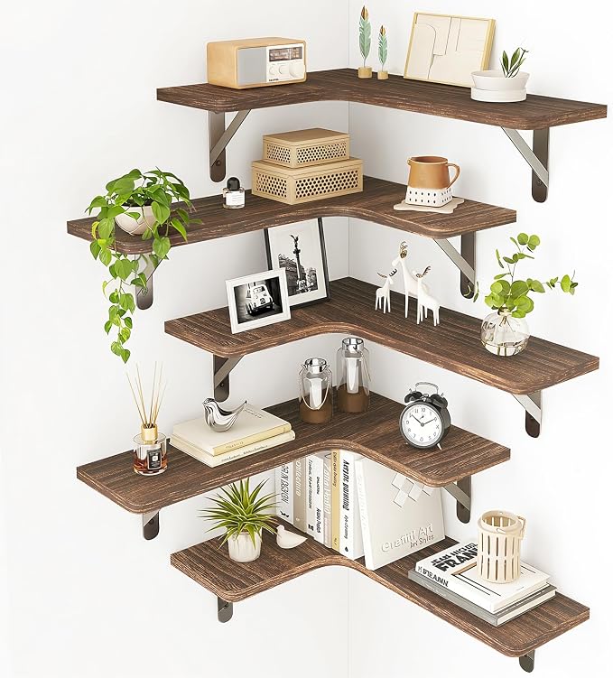 Fixwal Conner Floating Shelves for Wall Decor, Dark Carbonized Black 5pcs | Solid wood shelf with metal brackets, holds 40 lbs. Optimizes corner storage. Fits bathroom, kitchen, bedroom & living room.