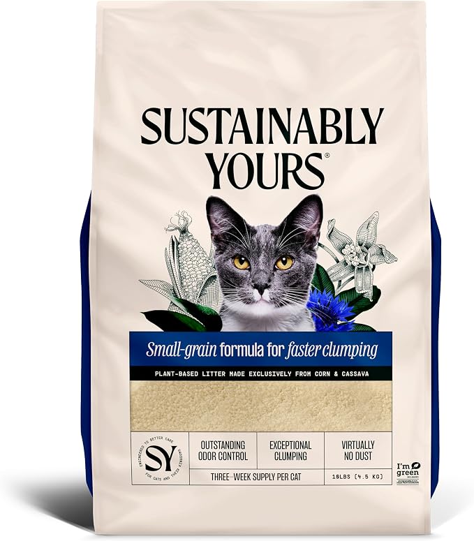 Sustainably Yours Natural Cat Litter, Small-Grain Formula, Exceptional Clumping & Odor Control, Virtually No Dust, Soft on Paws, Corn & Cassava Plant-Based, Unscented, 10 lbs