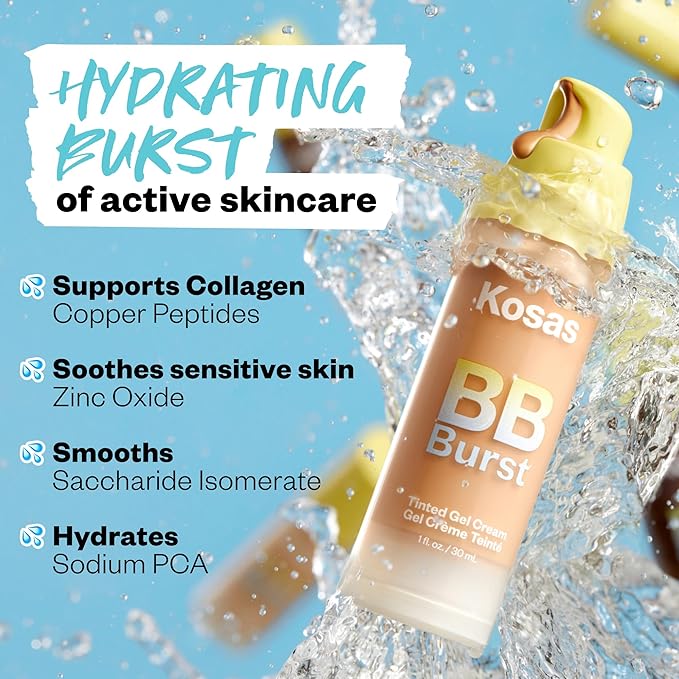 Kosas BB Burst Tinted Face Gel Cream - Supports Healthy Collagen, Smoothes Skin, Hydrates & Moisturizes - Lightweight Buildable Coverage - Medium Deep Neutral 33, (1 Oz/30 ML)