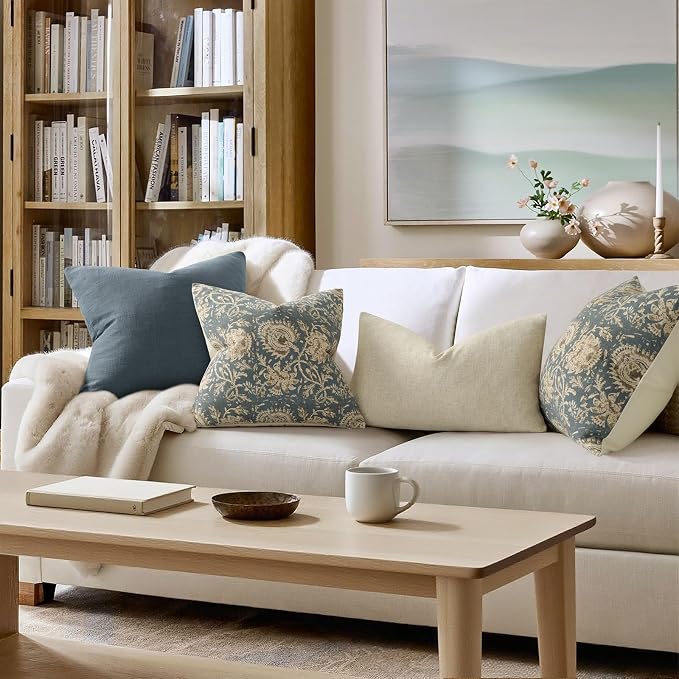 Vintage Floral Print Throw Pillow Covers 12x20 Set of 2 Neutral Modern Farmhouse Pillow Cases Accent Decorative Cushion Covers Boho Home Decor for Couch Sofa Chair Bed Living Room, Dusty Blue