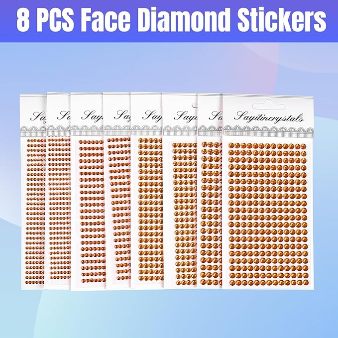 8 Sheets Rhinestone Stickers，3584 Pcs Gem Stickers for DIY Face Eyes Makeup Hair（Shallow Yellow-3/4/5/6mm）