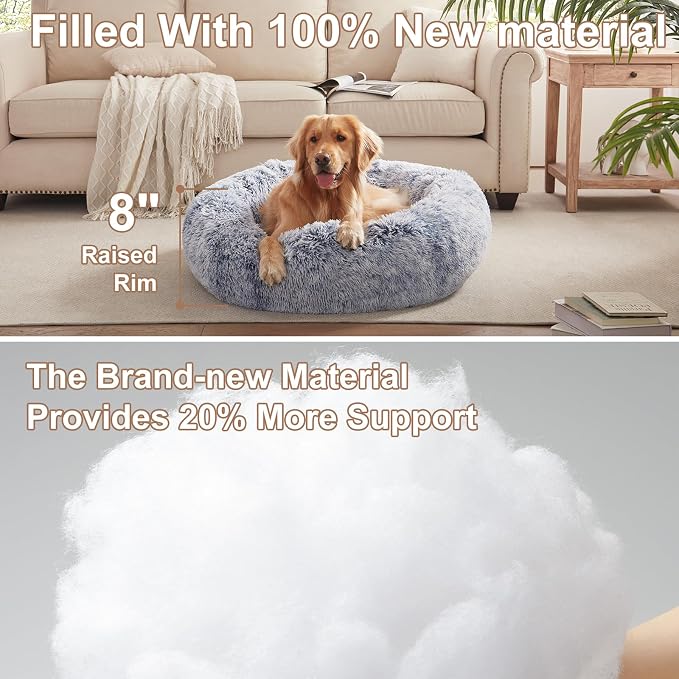 36 inches Faux Fur Fluffy Donut Dog Bed for Large Dogs,Dark Blue | Calming Plush Round Pet Bed with Removable & Washable Cover,Fits up to 80 lbs Pets