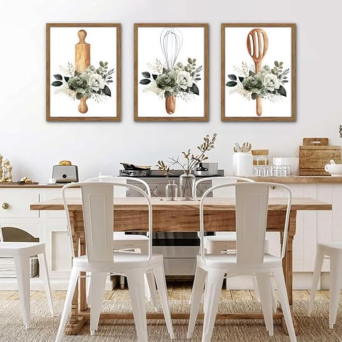 Modern Kitchen Canvas Wall Art Set of 3 – Framed Minimalist Floral Plant Wall Decor, Flowers Kitchen Utensil Posters Prints for Kitchen Dining Room Home Decor – 12x16in