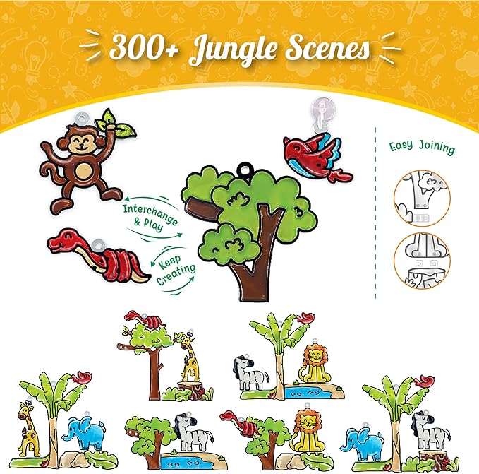 Imagimake Window Art Jungle Suncatcher Kit | Animal Toys | Girls Toys Age 6-8 | Arts and Crafts for Kids Ages 8-12 | Creative Fun Craft Kit for Ages 5-7-9 | Girls & Boys Christmas Gifts Age 8-10-12