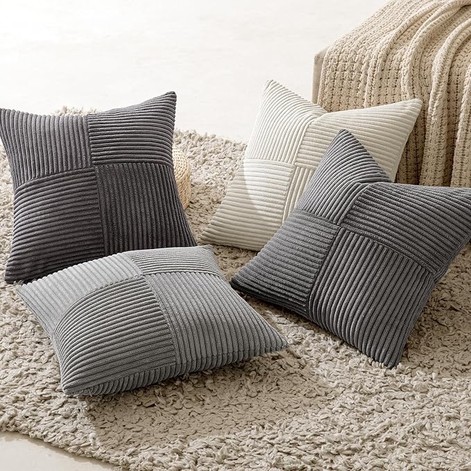 MIULEE Neutral Grey Decorative Throw Pillow Covers 18x18 Inch Set of 4 Modern Farmhouse Corduroy Cushion Cases Striped Patchwork Pillow Cases for Couch Sofa Bedroom Home Decor