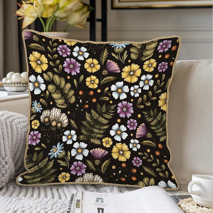Blue Yellow Purple Floral Soft Velvet Throw Pillow Covers Set of 2 Plant Botanical Flowers Decorative Pillow Covers 20x20 In Vintage Black Pillow Case For Sofa Couch Living Room Farmhouse Home Decor
