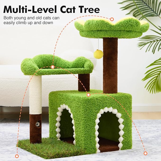 Sunflower Short Cat Tree with Cat Scratching Posts Small Cat Tower | Cat Condo,Cat Perch,Cat Bed 3-in-1 Cat Scratcher for Small Cats and Kittens
