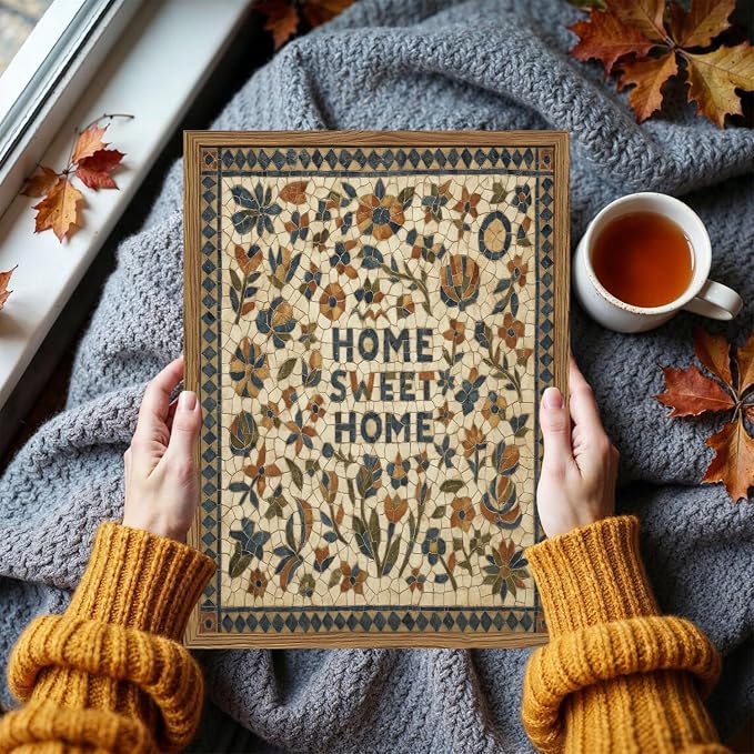 Vintage Mosaic Floral Wall Art Home Sweet Home Tile Florals Wall Decor Painting, Retro Country Boho Poster Canvas Print Picture for Living Room Bedroom 12x16 inch Wood Framed