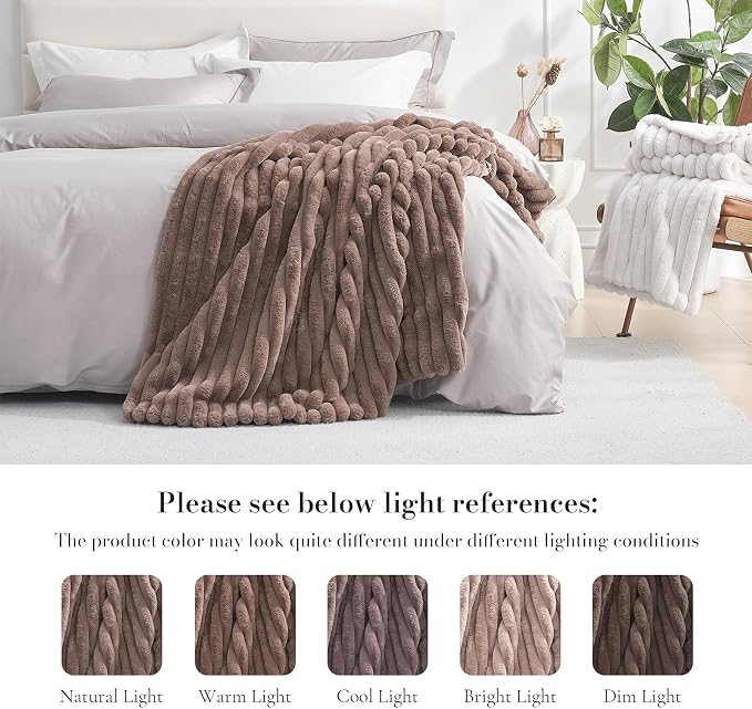 Faux Fur Throw Blanket for Couch, Cozy Fuzzy Fluffy Fur Luxurious Soft Striped Plush Gift Blankets for Family Sofa Chair Bedroom, 55"x70", Light Coffee